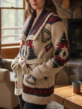 Eddie Bauer Wool Blend Southwestern Cardigan Belted Hand Knit XS